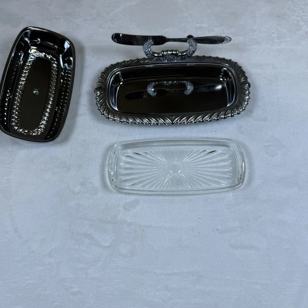 Vintage Irvinware USA Chrome Butter Dish Glass Insert Lid Knife Spreader